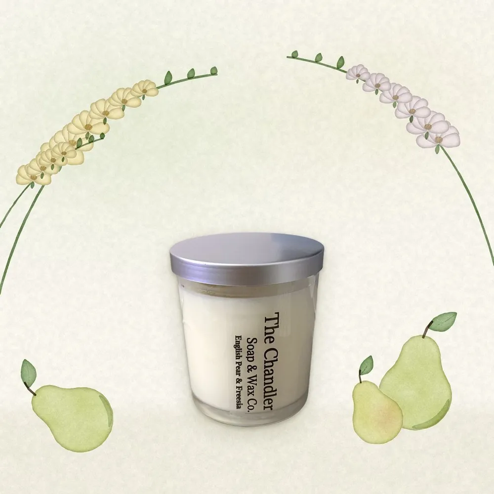 English Pear & Freesia soy wax candle with watercolour illustrations of its scent notes