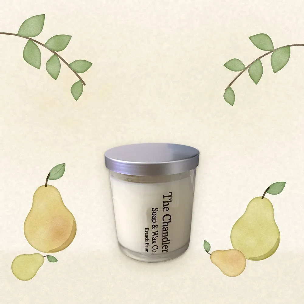 French Pear soy wax candle with watercolour illustrations of its scent notes