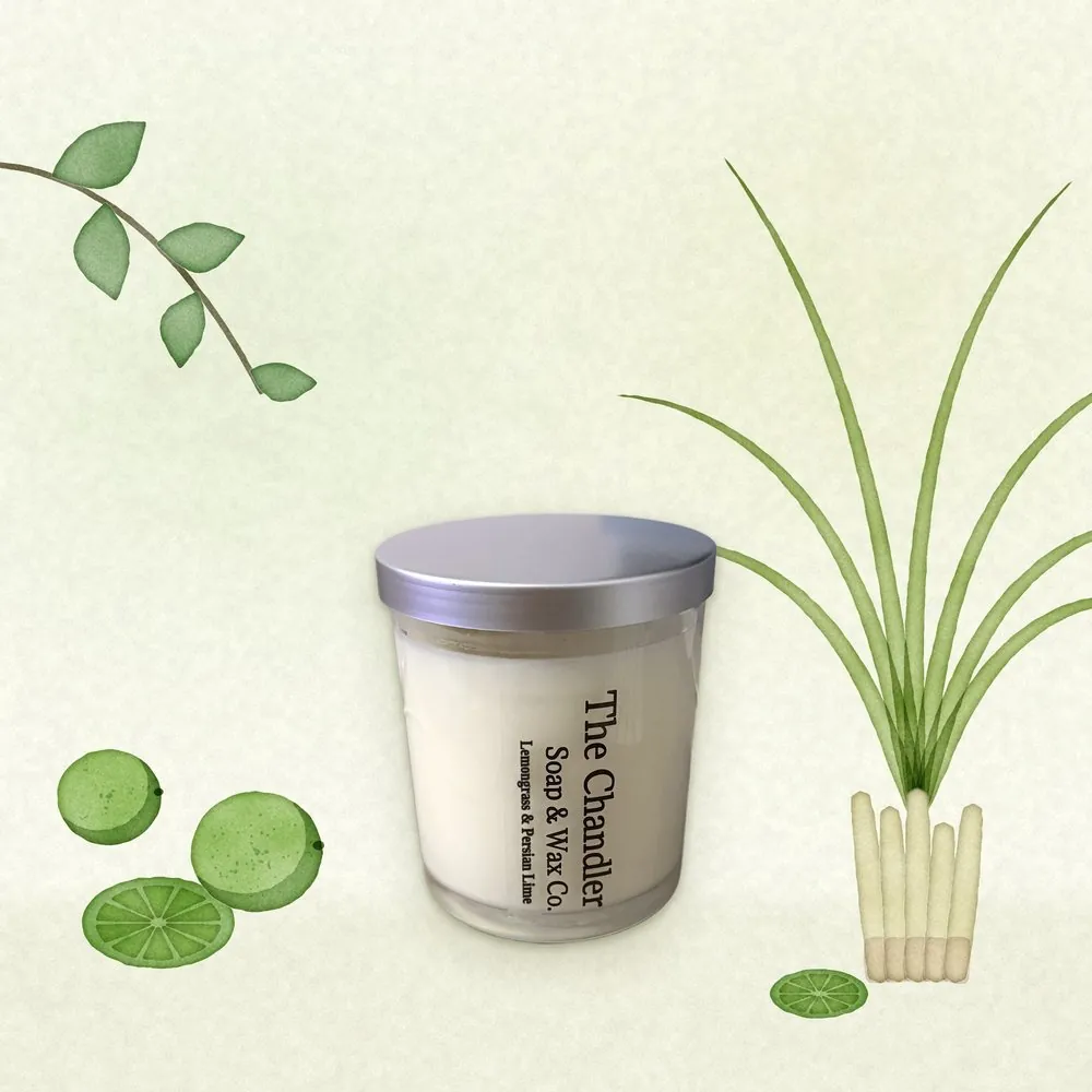 Lemongrass & Persian Lime soy wax candle with watercolour illustrations of its scent notes