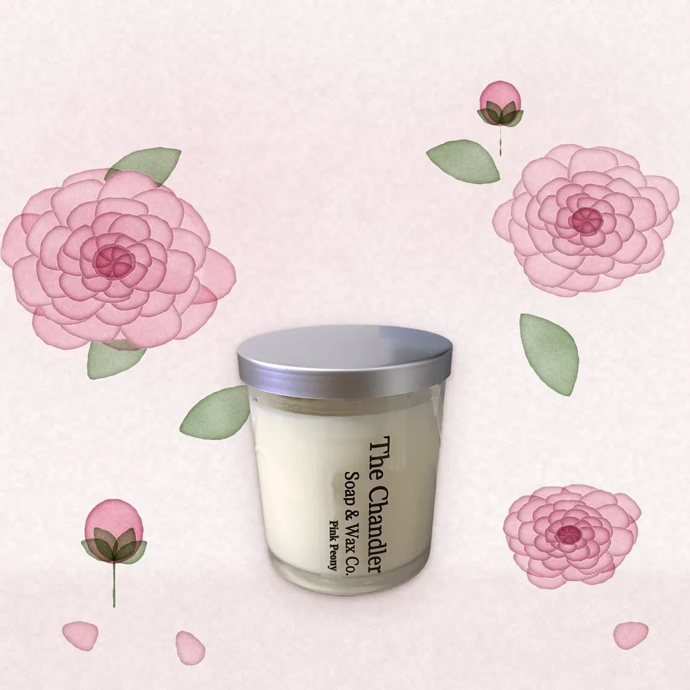 Pink Peony soy wax candle with watercolour illustrations of its scent notes