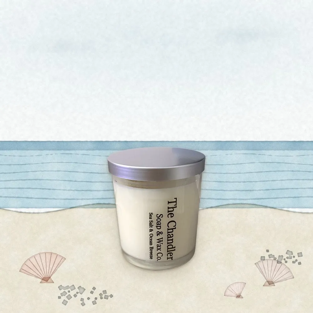 Sea Salt & Ocean Breeze soy wax candle with watercolour illustrations of its scent notes