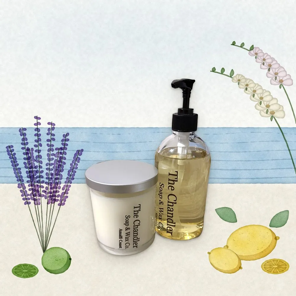 Amalfi Coast candle and hand soap with watercolour illustrations of its scent notes