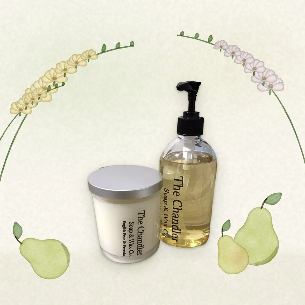 English Pear & Freesia candle and hand soap among watercolour pears and freesia