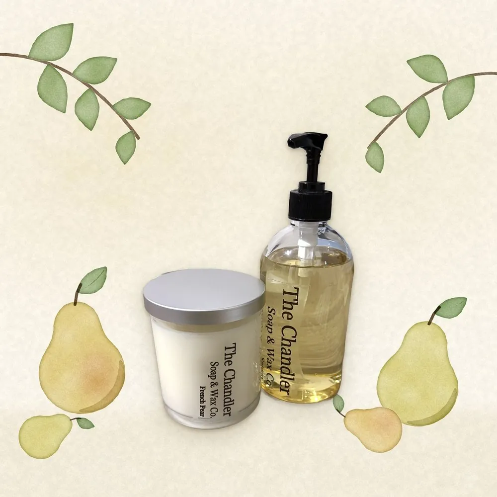 French Pear candle and hand soap with watercolour illustrations of its scent notes