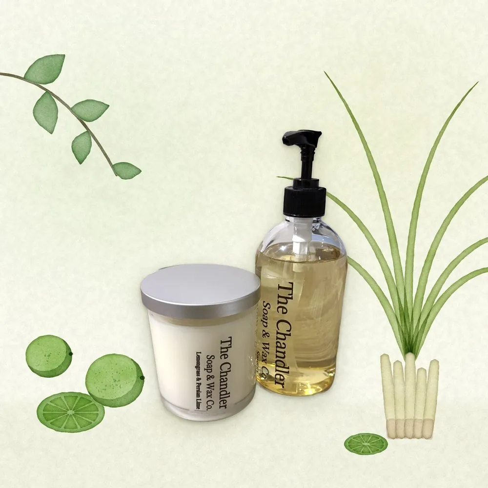 Lemongrass & Persian Lime candle and hand soap with watercolour illustrations of its scent notes