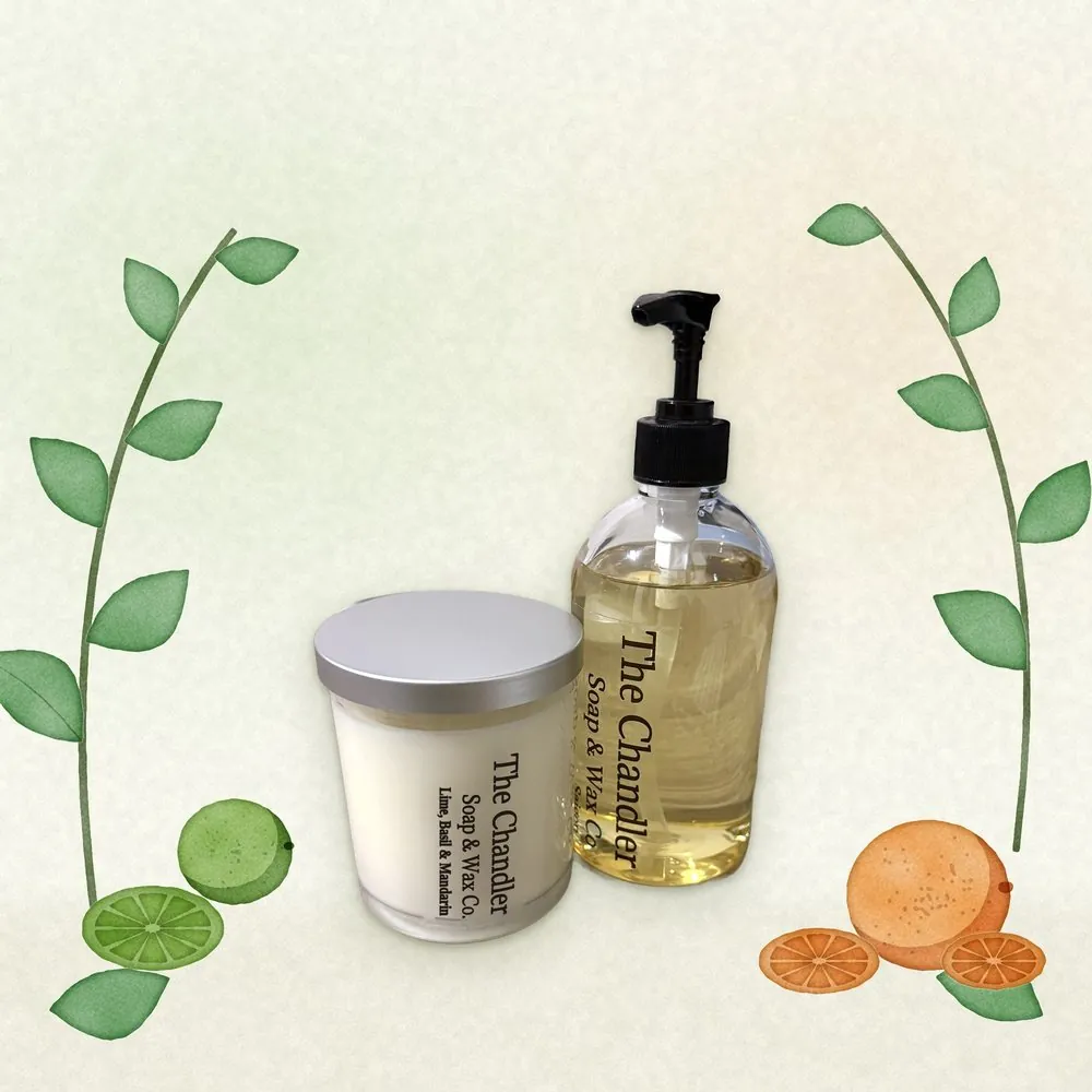 Lime, Basil & Mandarin candle and hand soap with watercolour illustrations of its scent notes