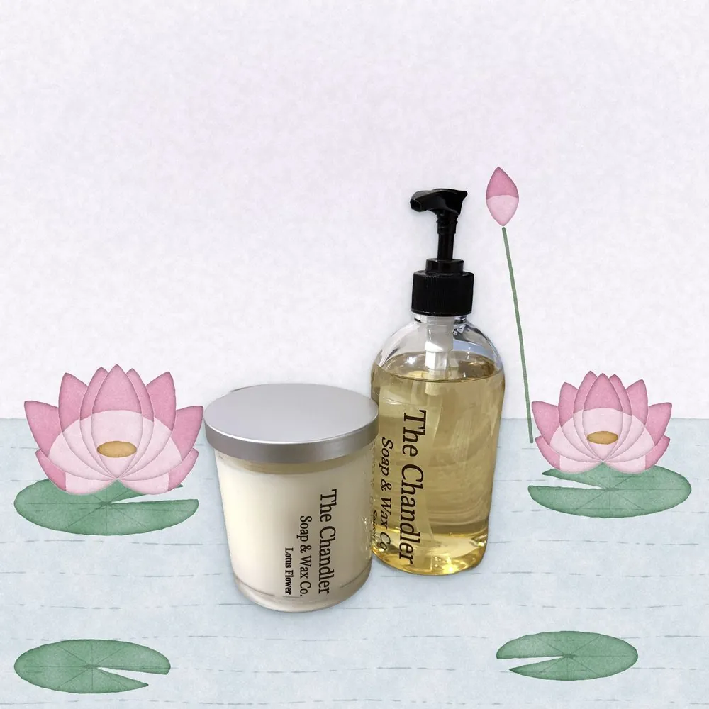 Lotus Flower candle and hand soap with watercolour illustrations of its scent notes