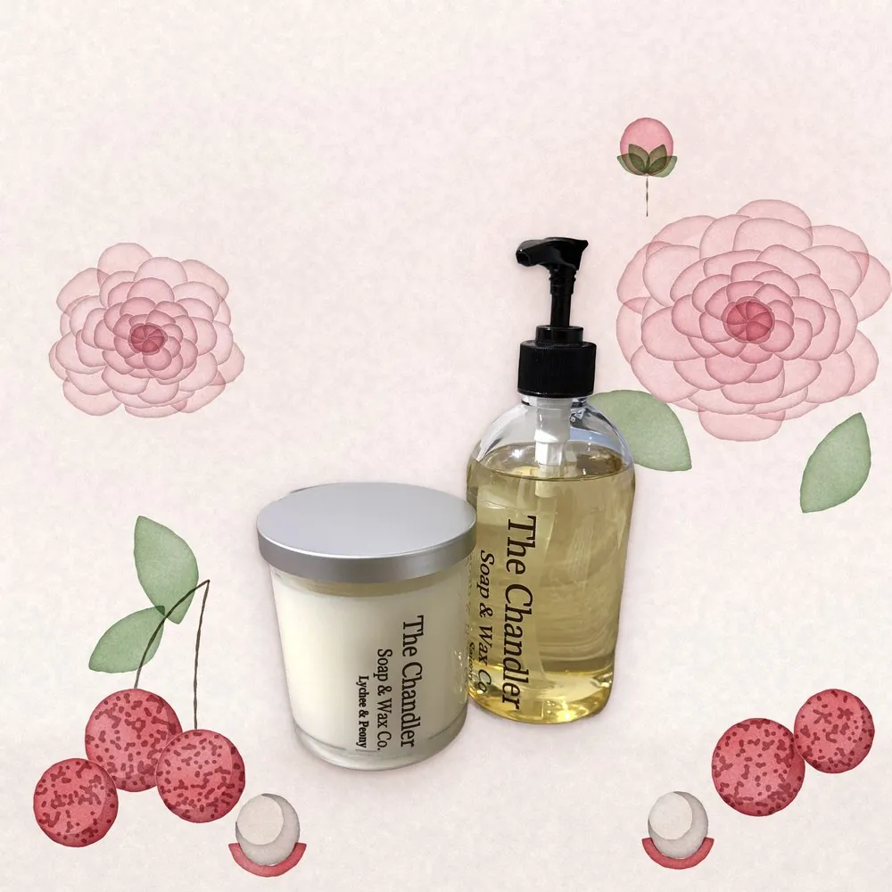 Lychee & Peony candle and hand soap with watercolour illustrations of its scent notes