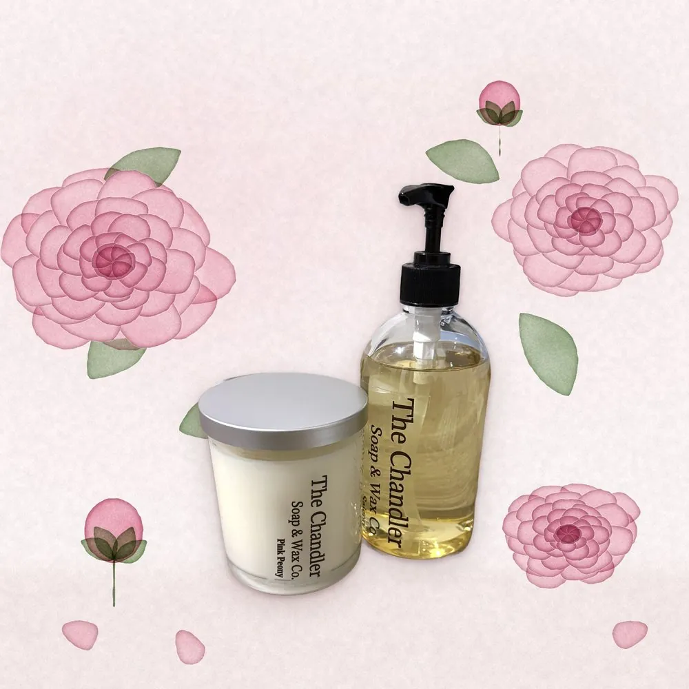 Pink Peony candle and soap duo with watercolour peonies