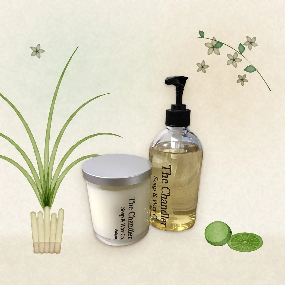Saigon candle and hand soap with watercolour illustrations of its scent notes