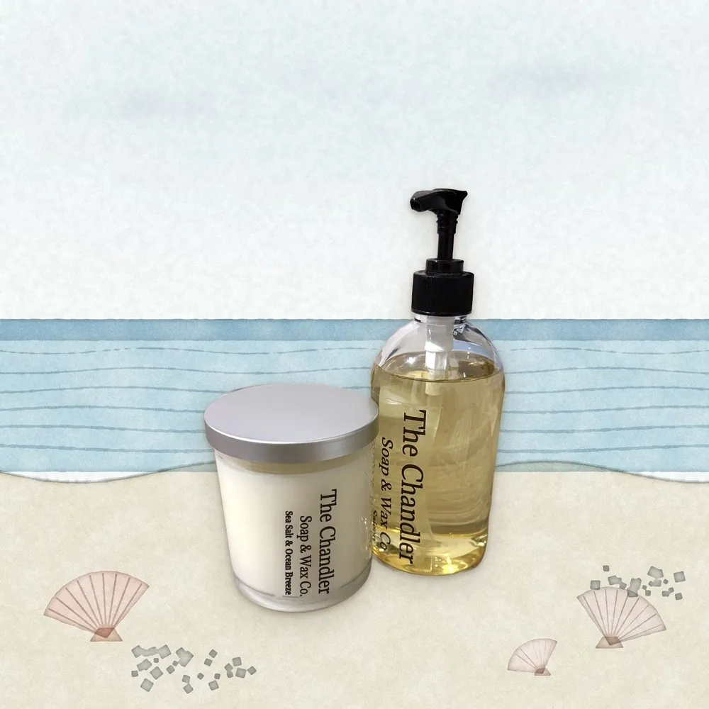 Sea Salt & Ocean Breeze candle and hand soap with watercolour illustrations of its scent notes