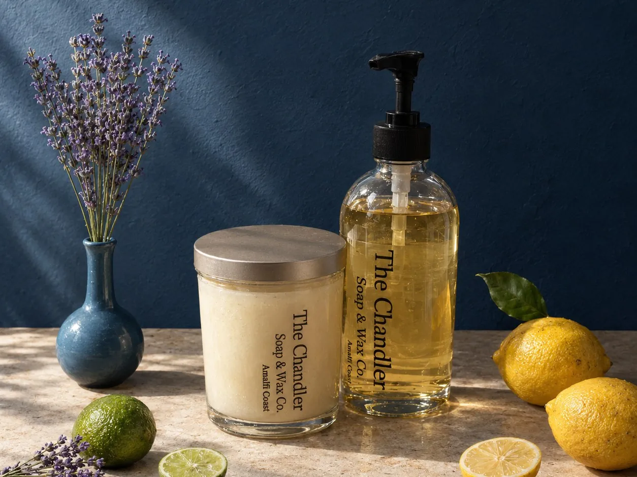 A Sea Salt & Ocean Breeze candle and hand soap with shells and a sea-green vase