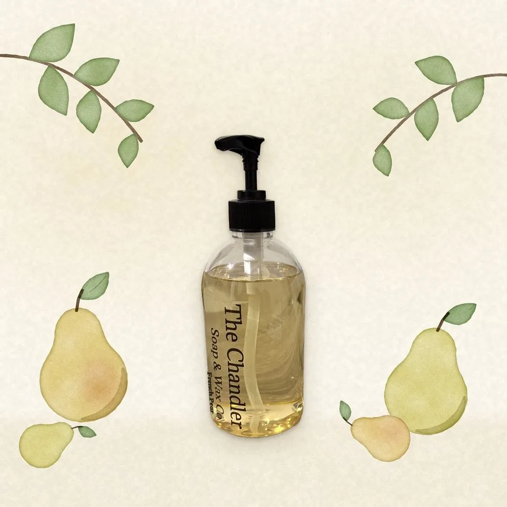 French Pear castile hand soap with watercolour illustrations of its scent notes