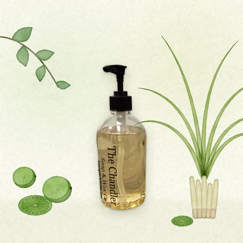 Lemongrass & Persian Lime castile hand soap with watercolour illustrations of its scent notes