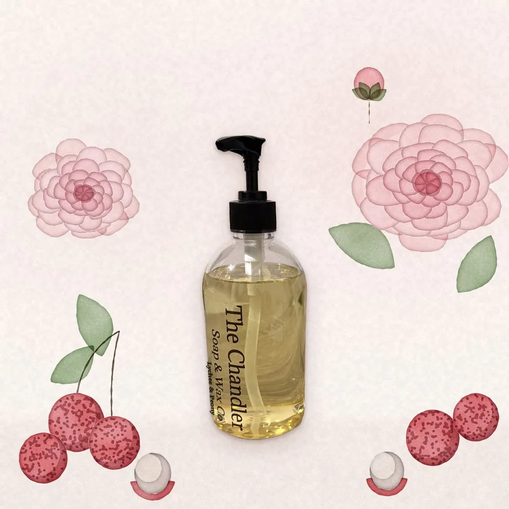 Lychee & Peony castile hand soap with watercolour illustrations of its scent notes