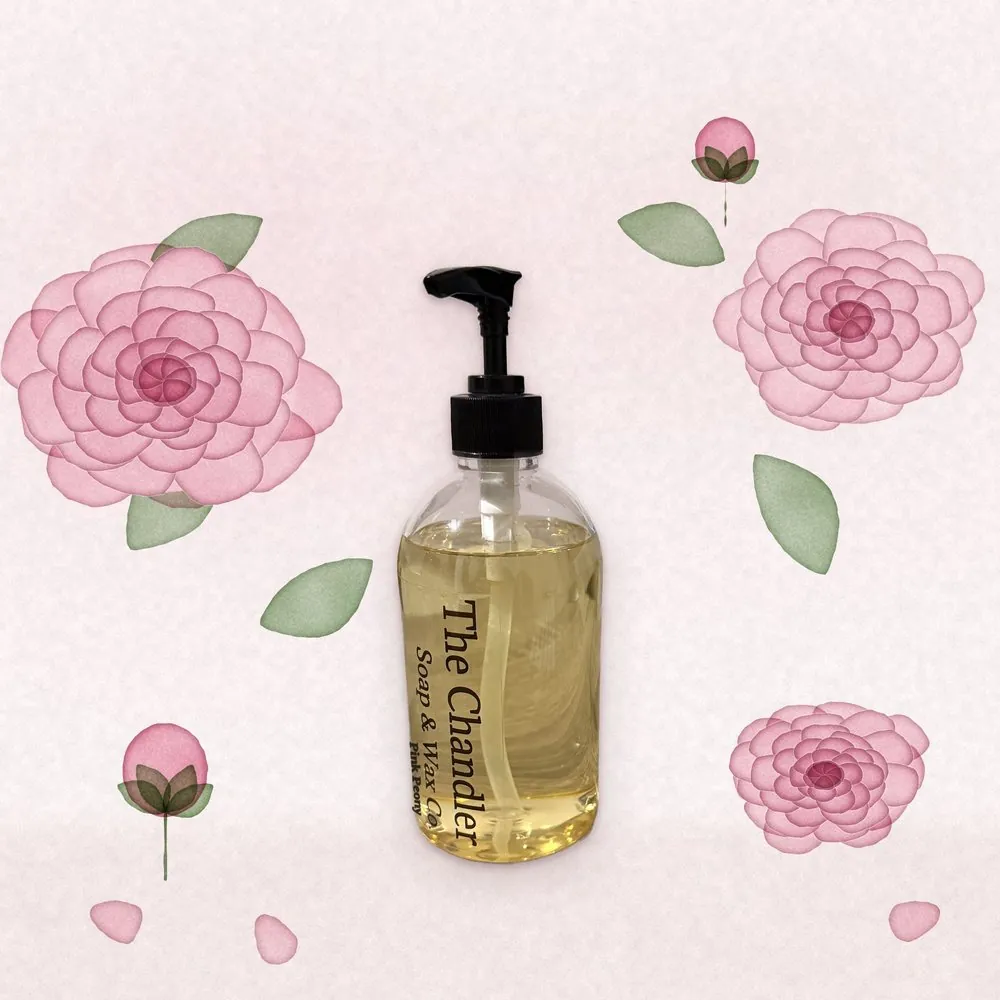 Pink Peony castile hand soap with watercolour illustrations of its scent notes