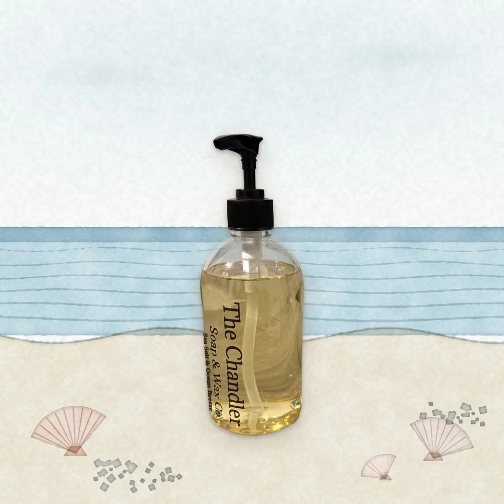 Sea Salt & Ocean Breeze hand soap with a watercolour beach
